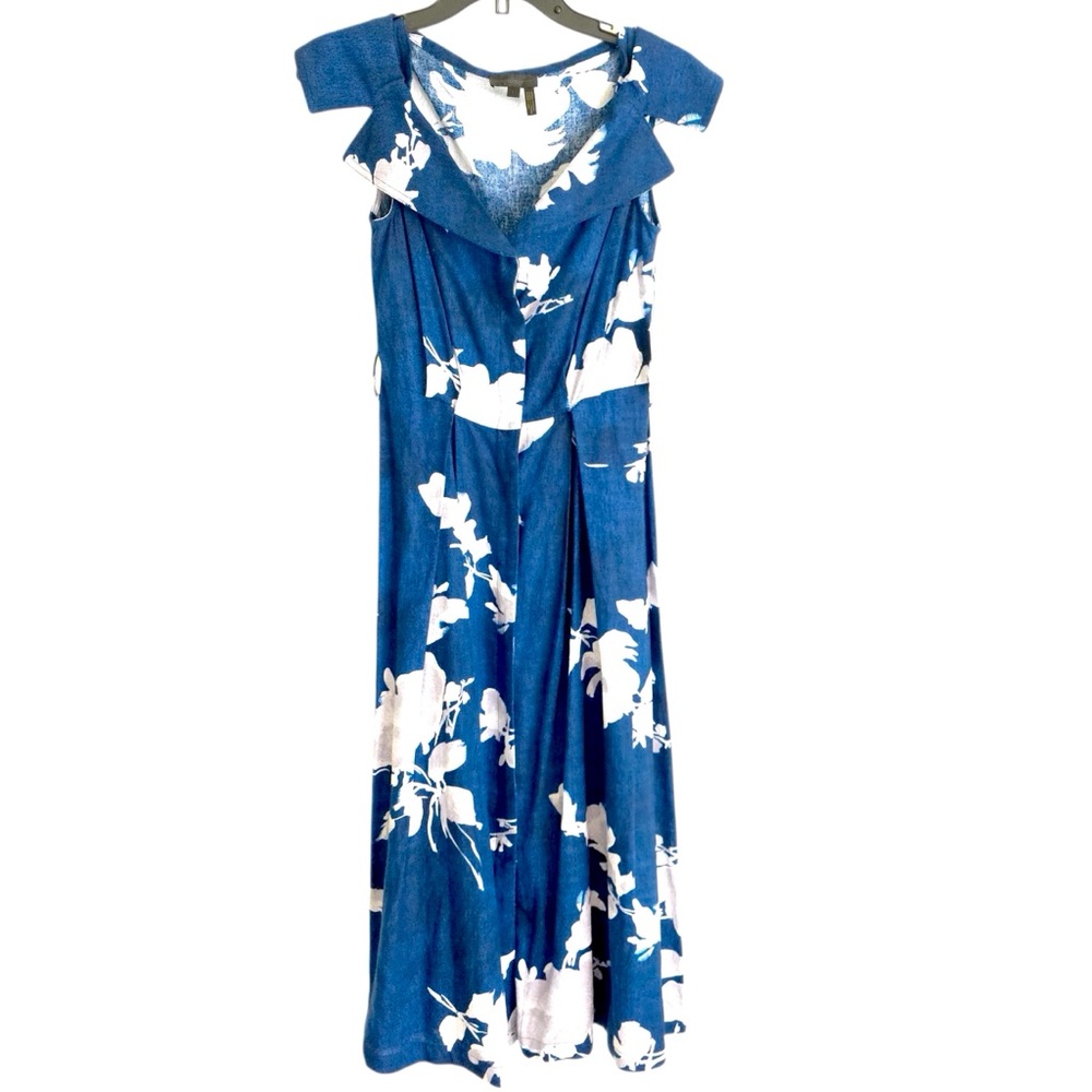 Donna Karan Floral Linen Blend Dress A Line Blue V Neck Button Front Size 2 - Picture 2 of 7
